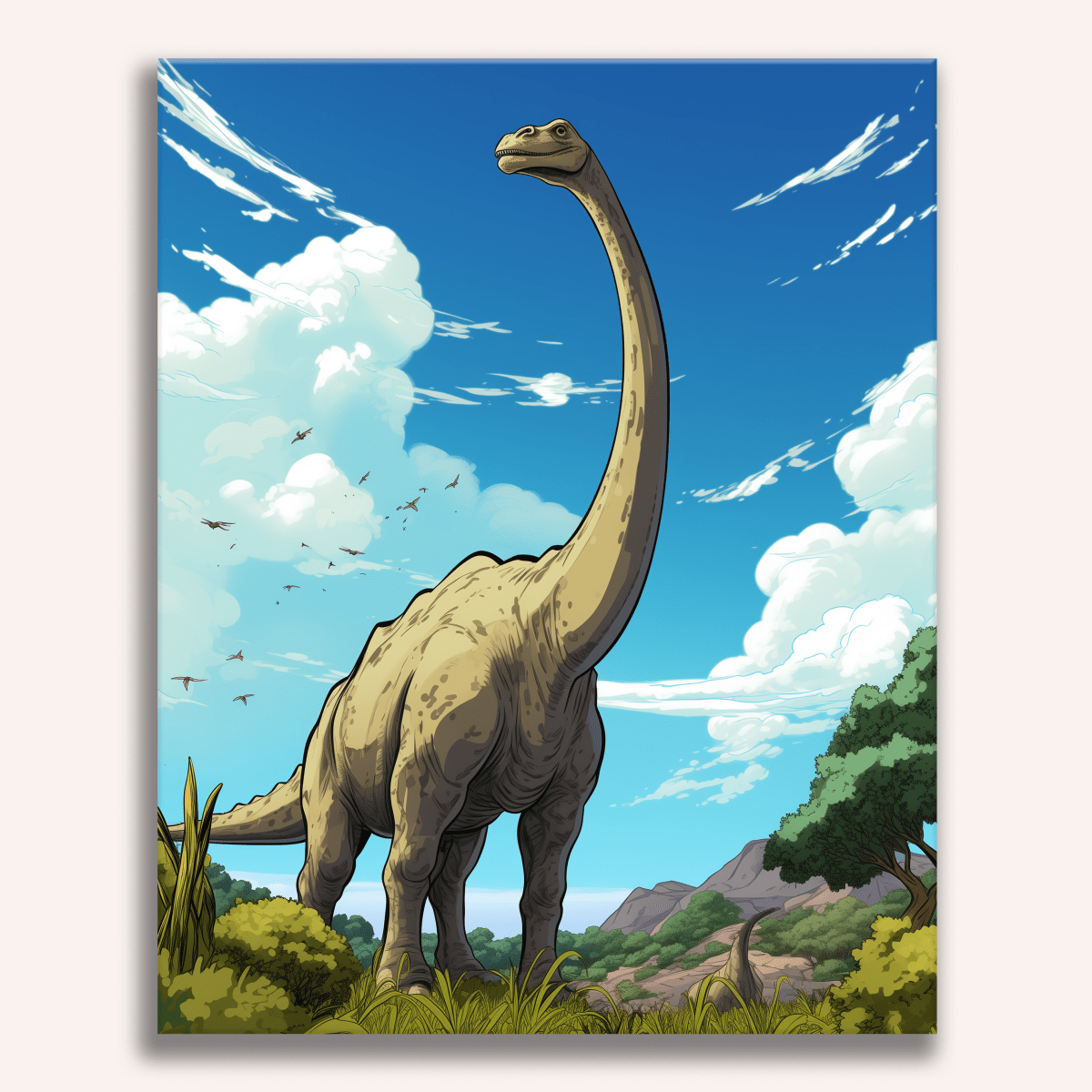 In the center of a vast grassland, a large, brown Velociraptor stands majestically on its hind legs.