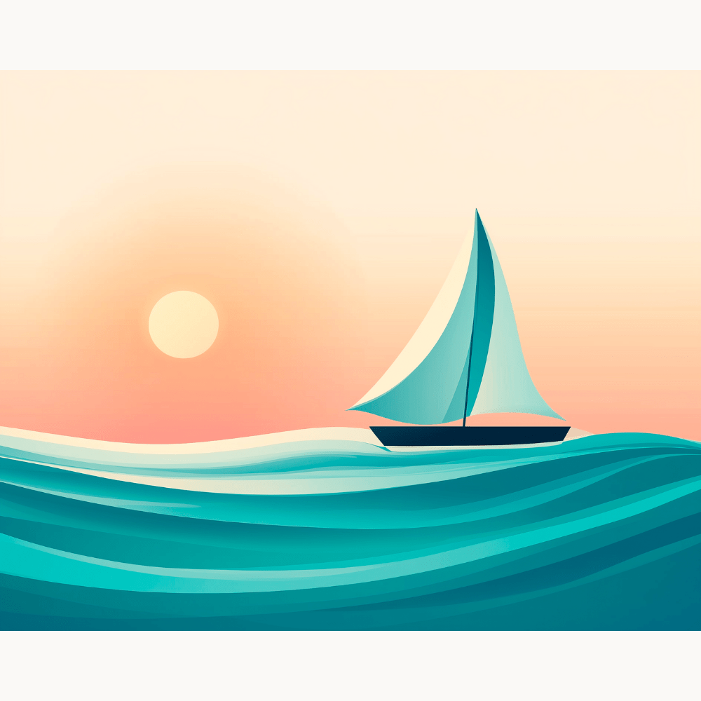 A stylized digital art piece depicts a serene beach scene at sunset.