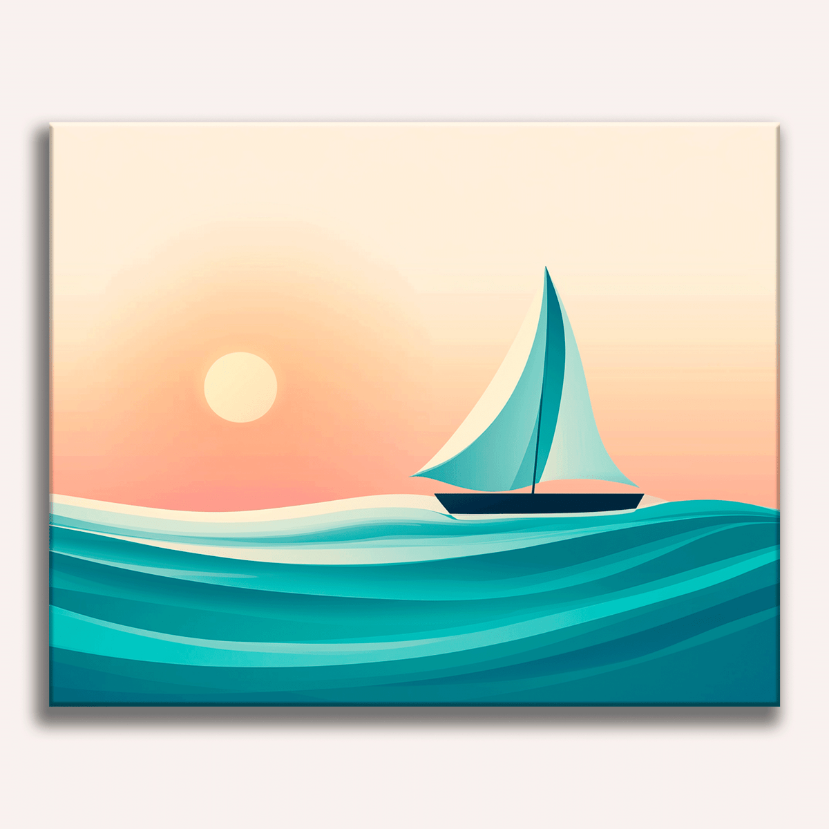 A stylized digital art piece depicts a serene beach scene at sunset.