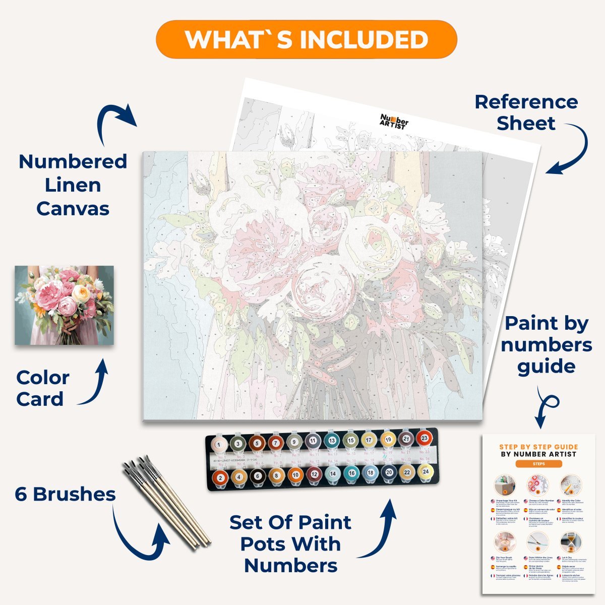 A bouquet of vibrant flowers, including pink and yellow roses, white lilies, and yellow peonies, stands in a woven basket on a blue background..