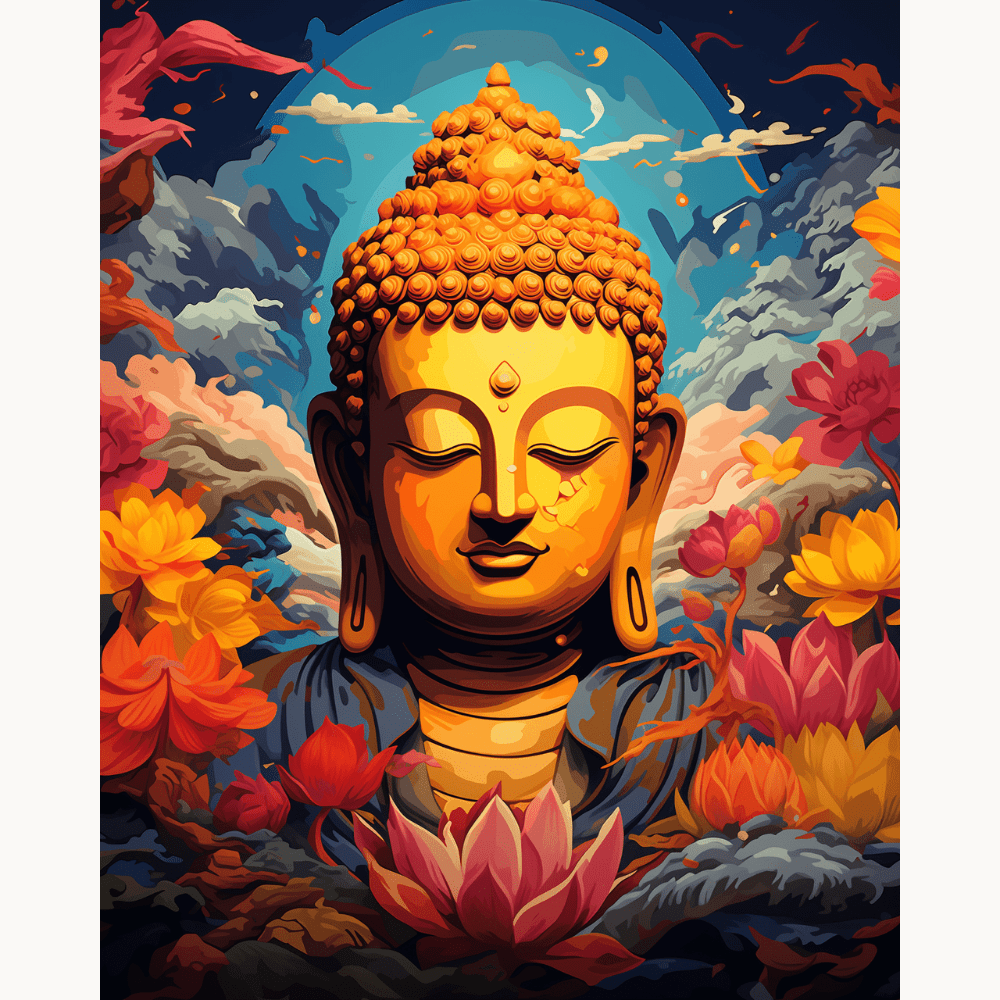 In the given illustration, a serene Buddha statue with a glowing halo around its head stands atop a vibrant floral arrangement in the center.