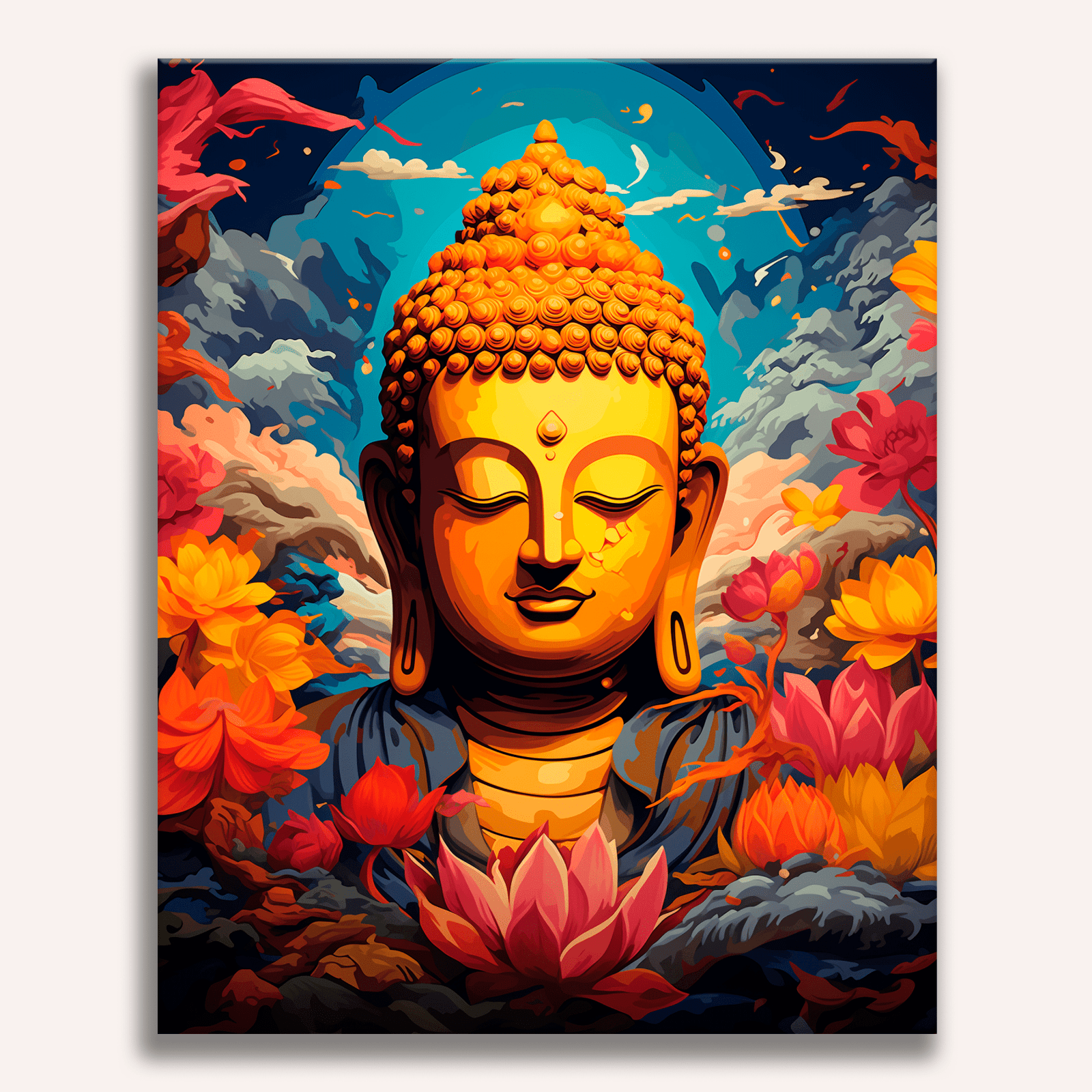 In the given illustration, a serene Buddha statue with a glowing halo around its head stands atop a vibrant floral arrangement in the center.