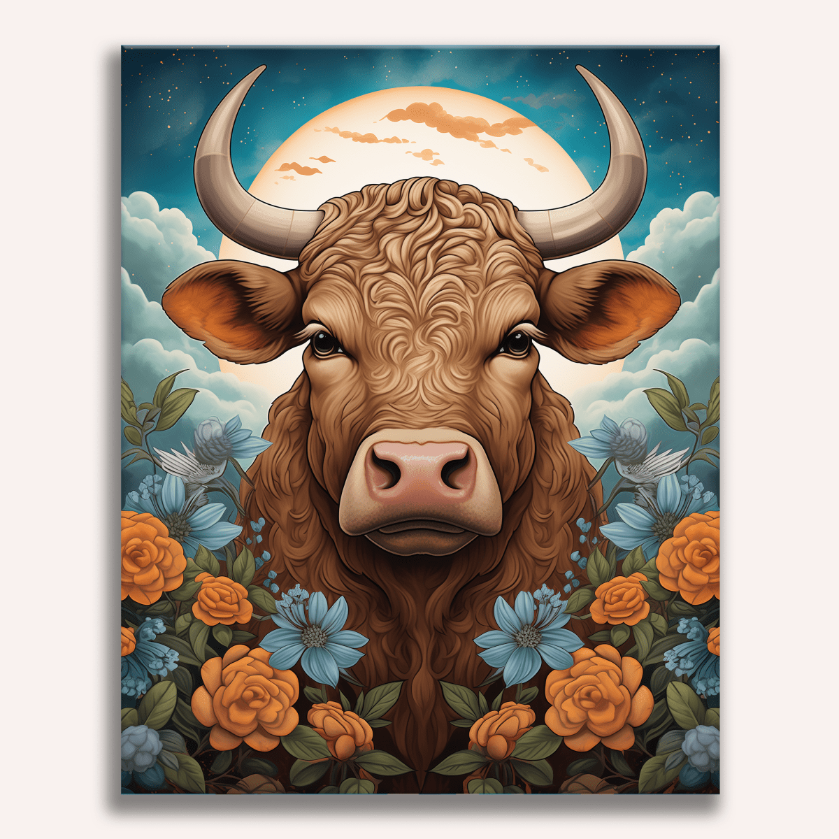 This image features a stylized depiction of a brown cow prominently displayed against a backdrop that includes floral elements and a night sky with a crescent moon..