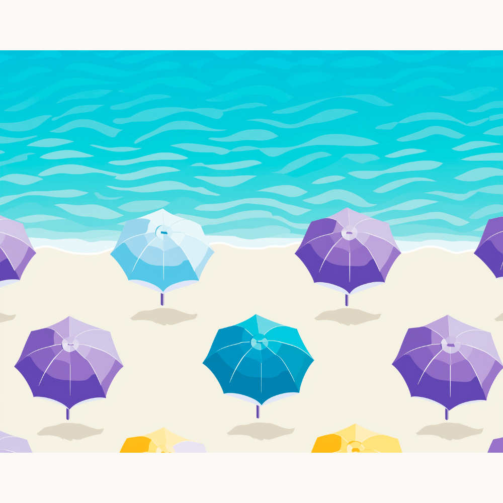 A vibrant illustration captures a whimsical beach scene featuring multiple colorful umbrellas, each atop a sandy shore and positioned near a clear blue ocean, against a backdrop of a calm sea under a bright sky..
