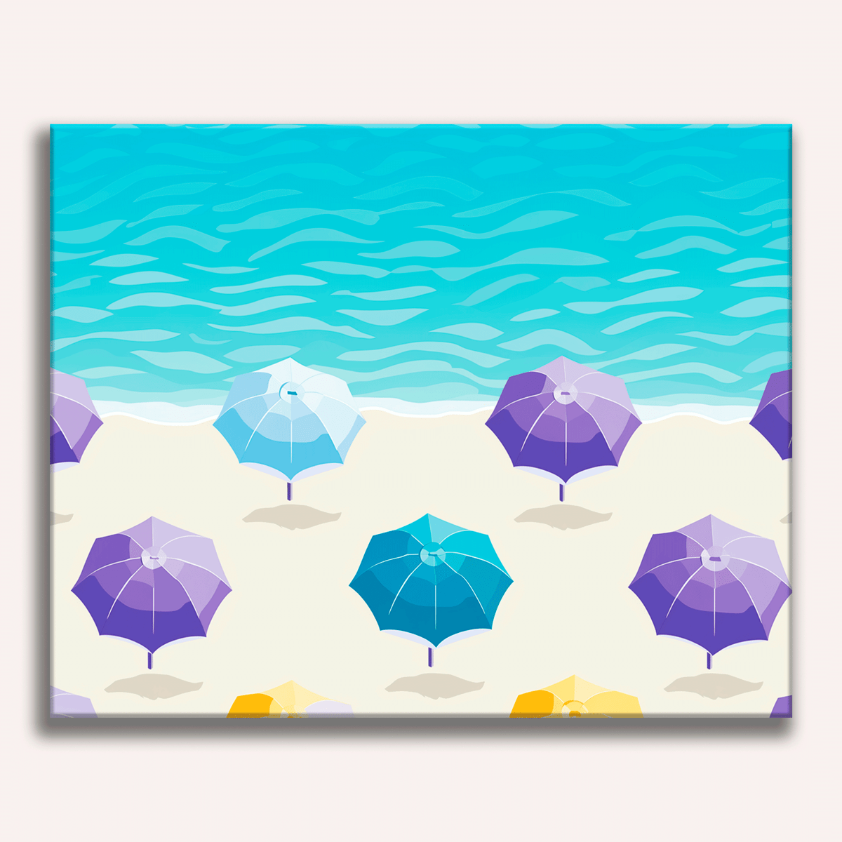 A vibrant illustration captures a whimsical beach scene featuring multiple colorful umbrellas, each atop a sandy shore and positioned near a clear blue ocean, against a backdrop of a calm sea under a bright sky..