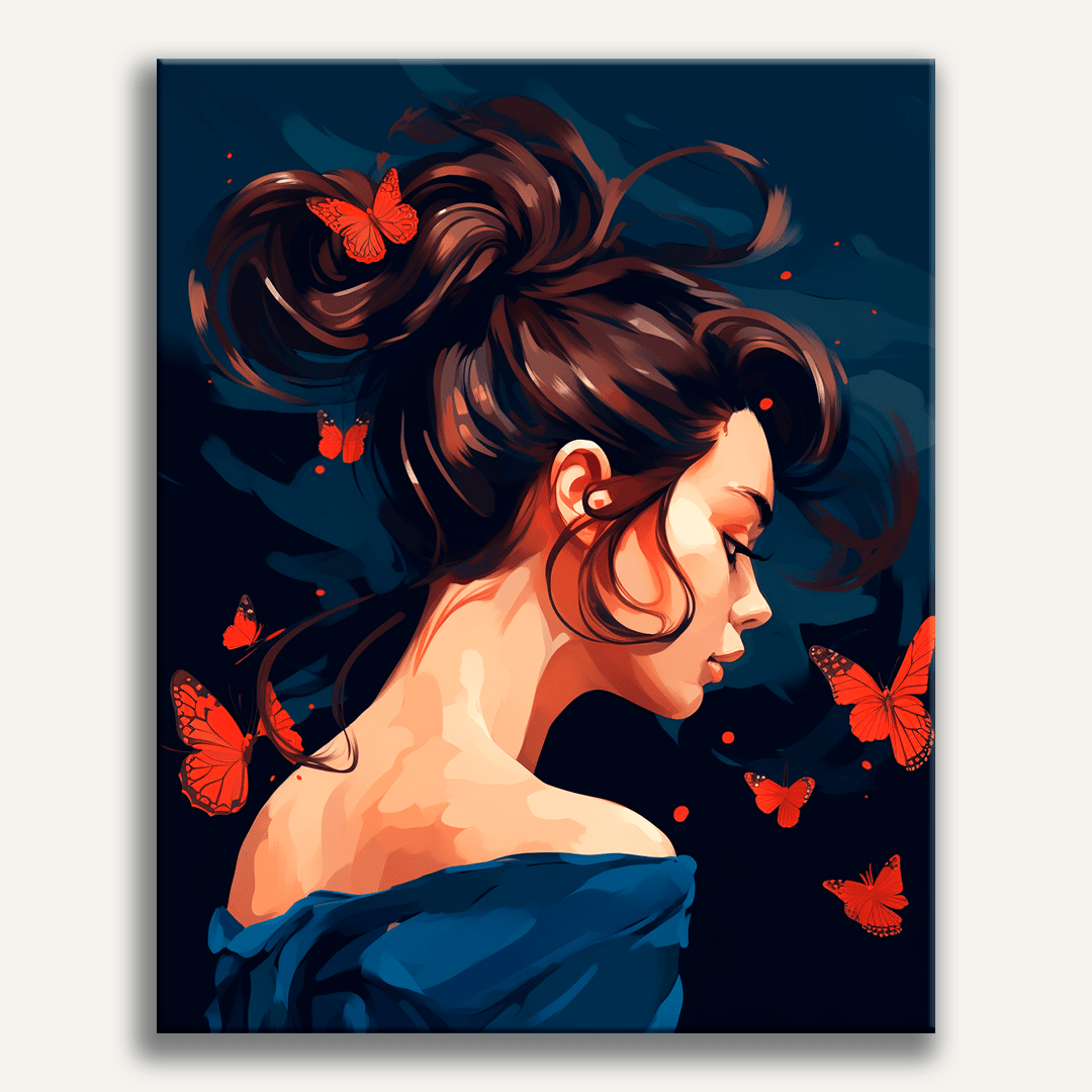 A woman's portrait, illustration style, she gazes off to the side with closed eyes; butterflies around her head; background is dark, emphasizing her and the butters..