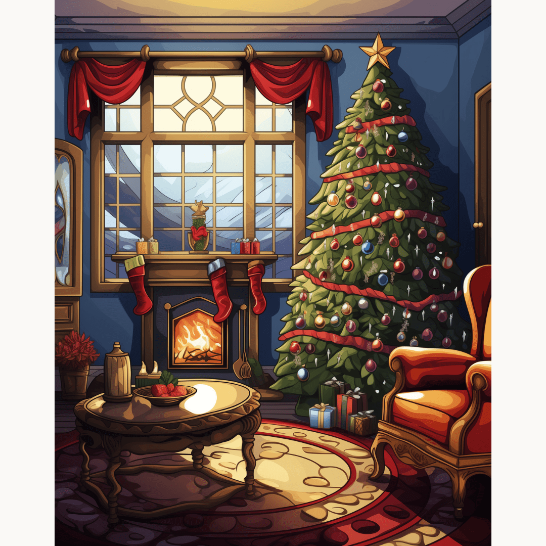 A cozy living room scene featuring a large, festooned Christmas tree positioned near a window decorated with red curtains.