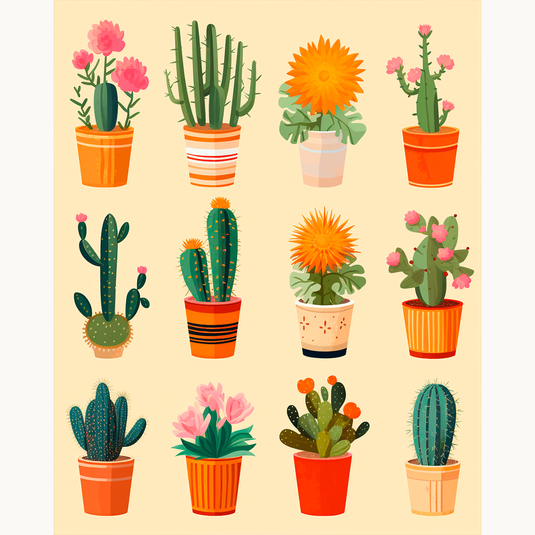 The image presents a collection of nine vibrant potted cacti against a light beige background.