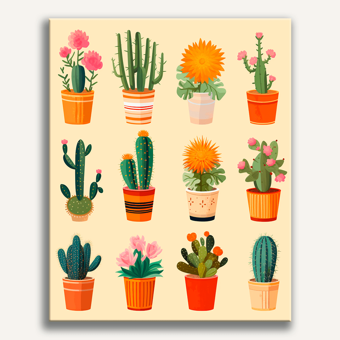 The image presents a collection of nine vibrant potted cacti against a light beige background.