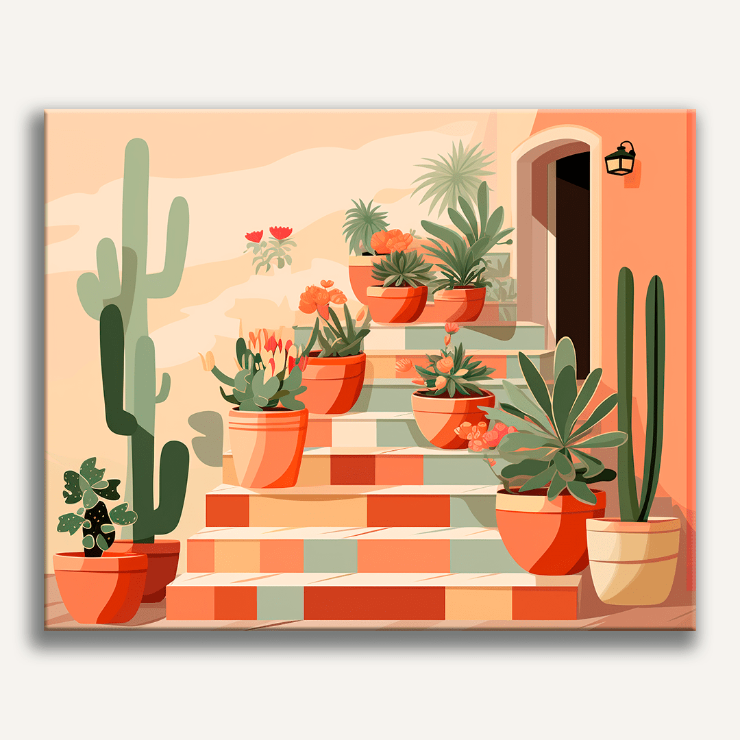 The image portrays a charming scene of a staircase leading up to a doorway.