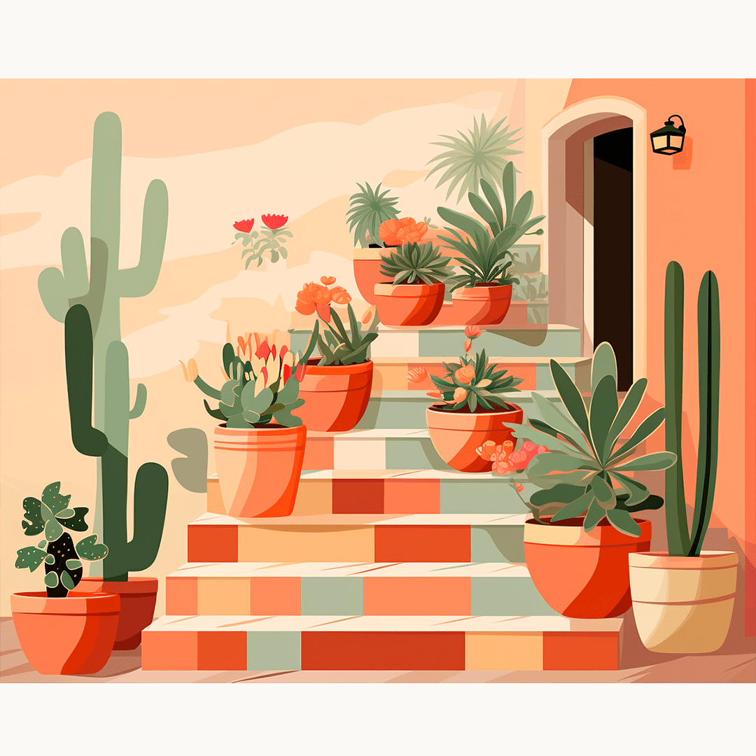The image portrays a charming scene of a staircase leading up to a doorway.