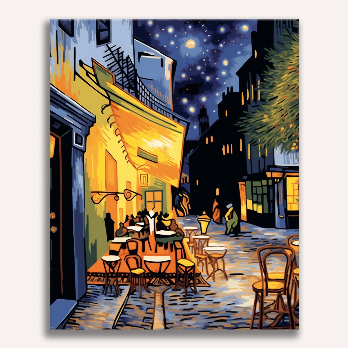 This is a vibrant and colorful painting depicting a lively nighttime street scene.