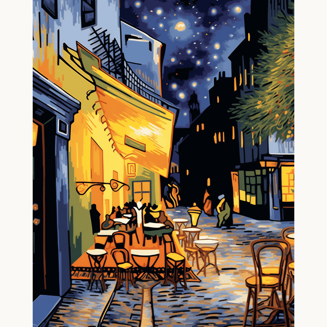 This is a vibrant and colorful painting depicting a lively nighttime street scene.