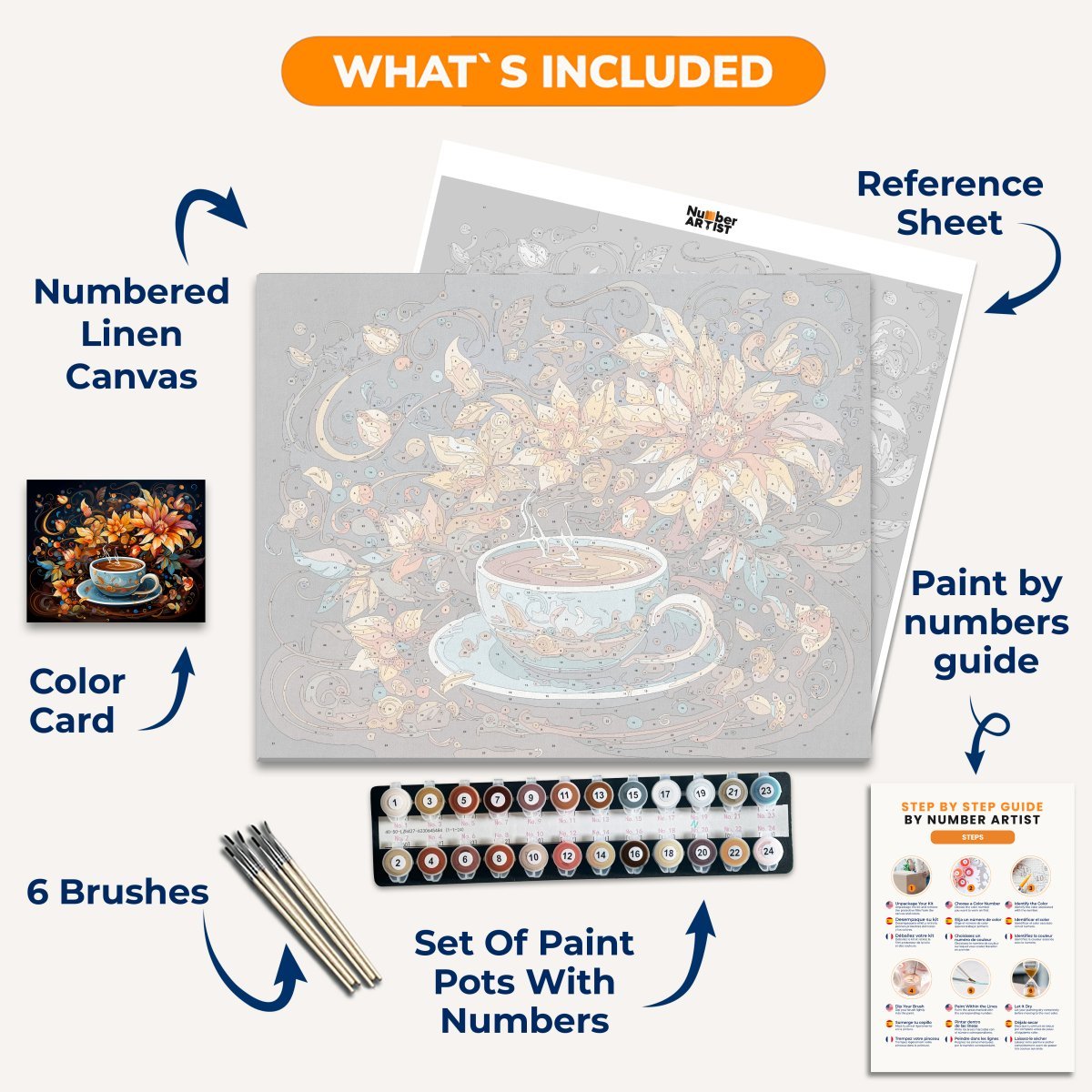 A vivid canvas print depicts a cozy scene: a teacup adorned with autumn leaves and flowers is the centerpiece on a table covered with an elegant blue cloth.