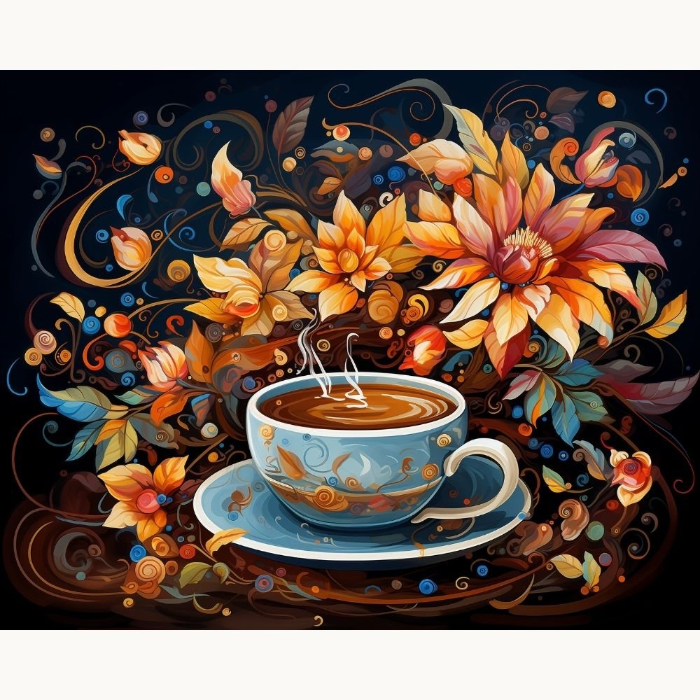 A vivid canvas print depicts a cozy scene: a teacup adorned with autumn leaves and flowers is the centerpiece on a table covered with an elegant blue cloth.