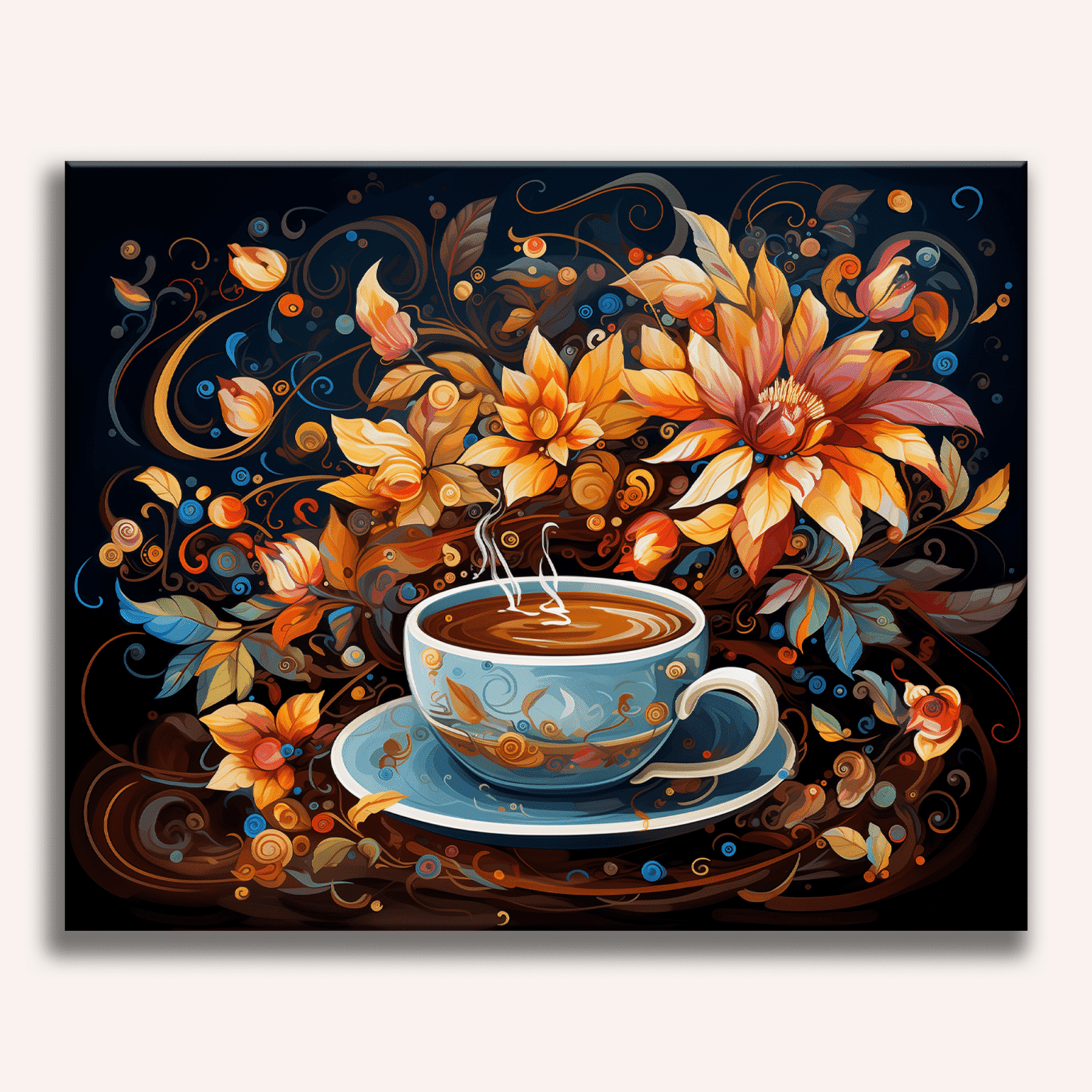 A vivid canvas print depicts a cozy scene: a teacup adorned with autumn leaves and flowers is the centerpiece on a table covered with an elegant blue cloth.
