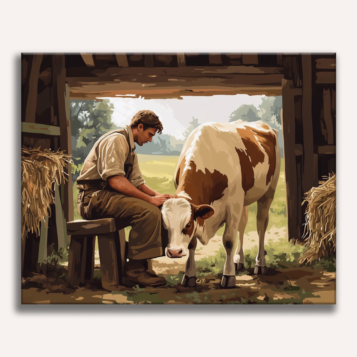 A man sits on a bench near a barn, petting a brown and white cow that stands calmly beside him..