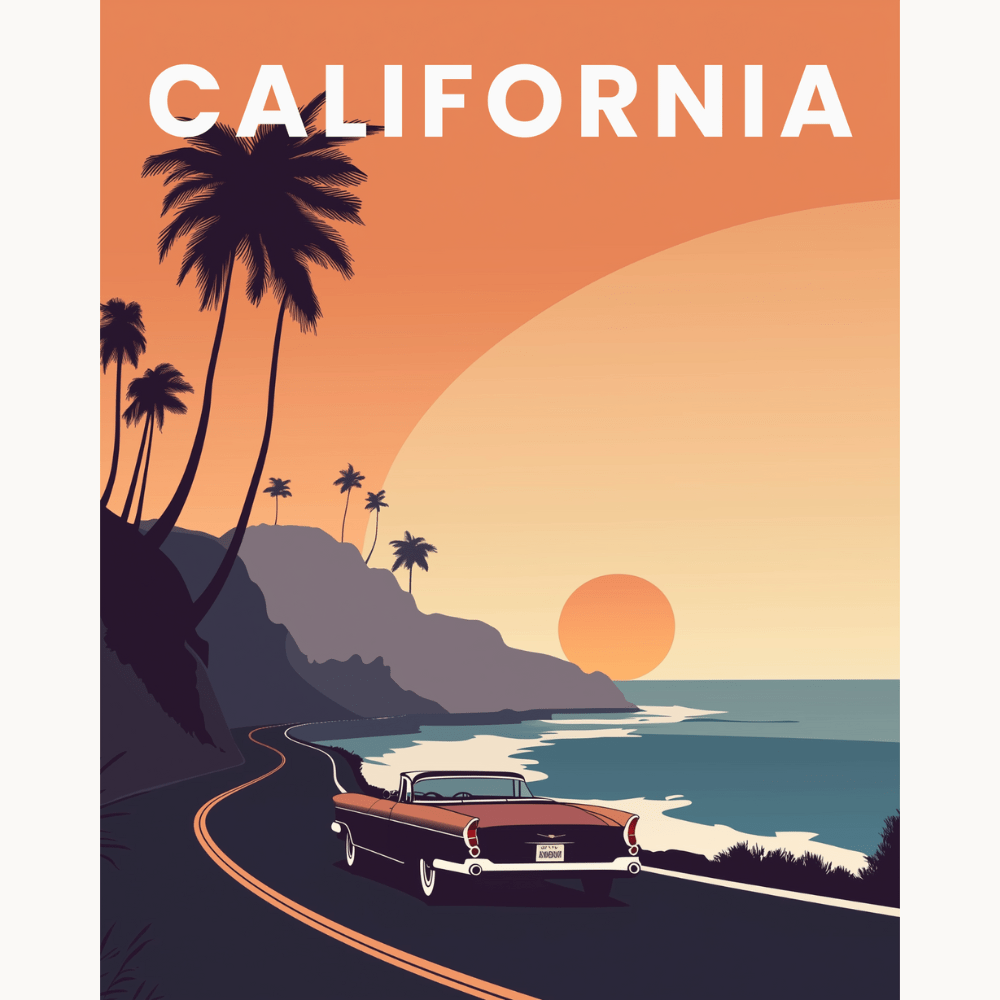 A poster featuring a vintage car on a coastal road at sunset.