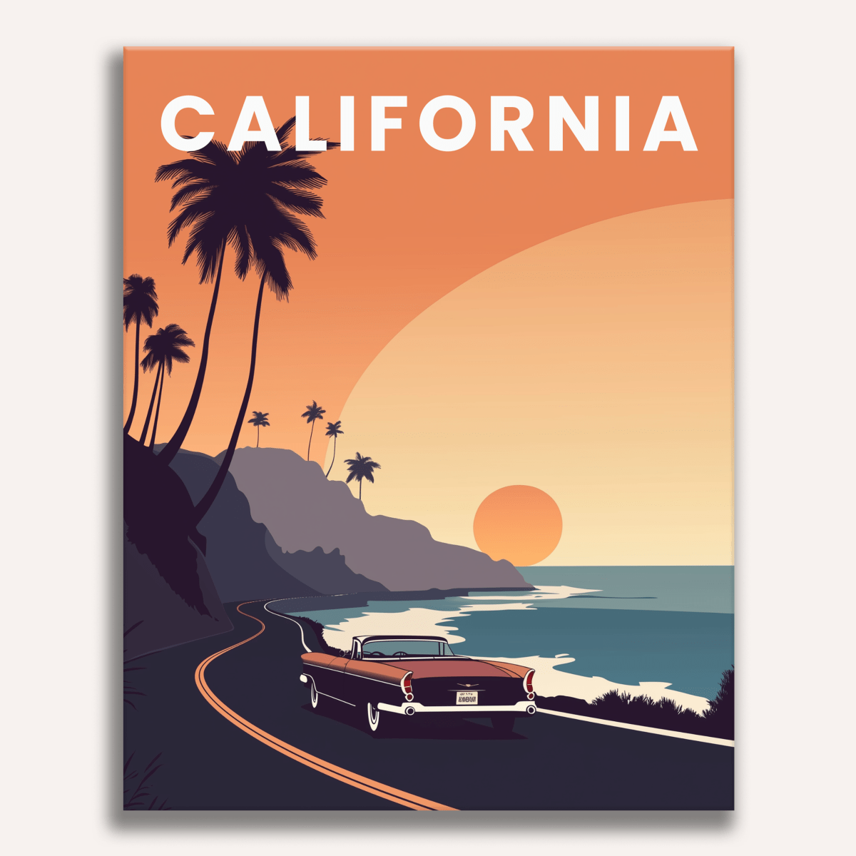 A poster featuring a vintage car on a coastal road at sunset.