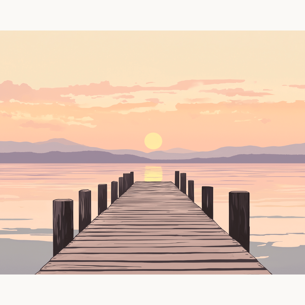 The image shows a tranquil scene featuring a wooden dock extending into calm waters.