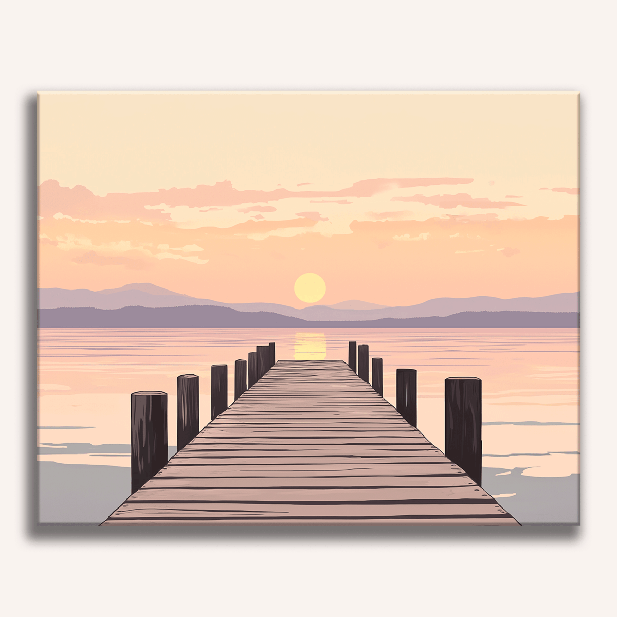 The image shows a tranquil scene featuring a wooden dock extending into calm waters.