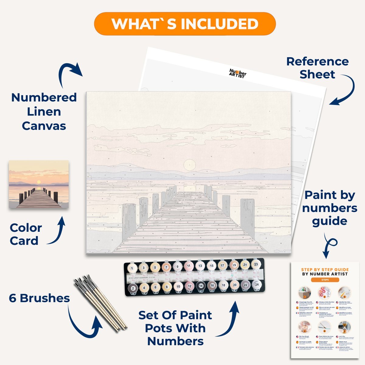 The image shows a tranquil scene featuring a wooden dock extending into calm waters.