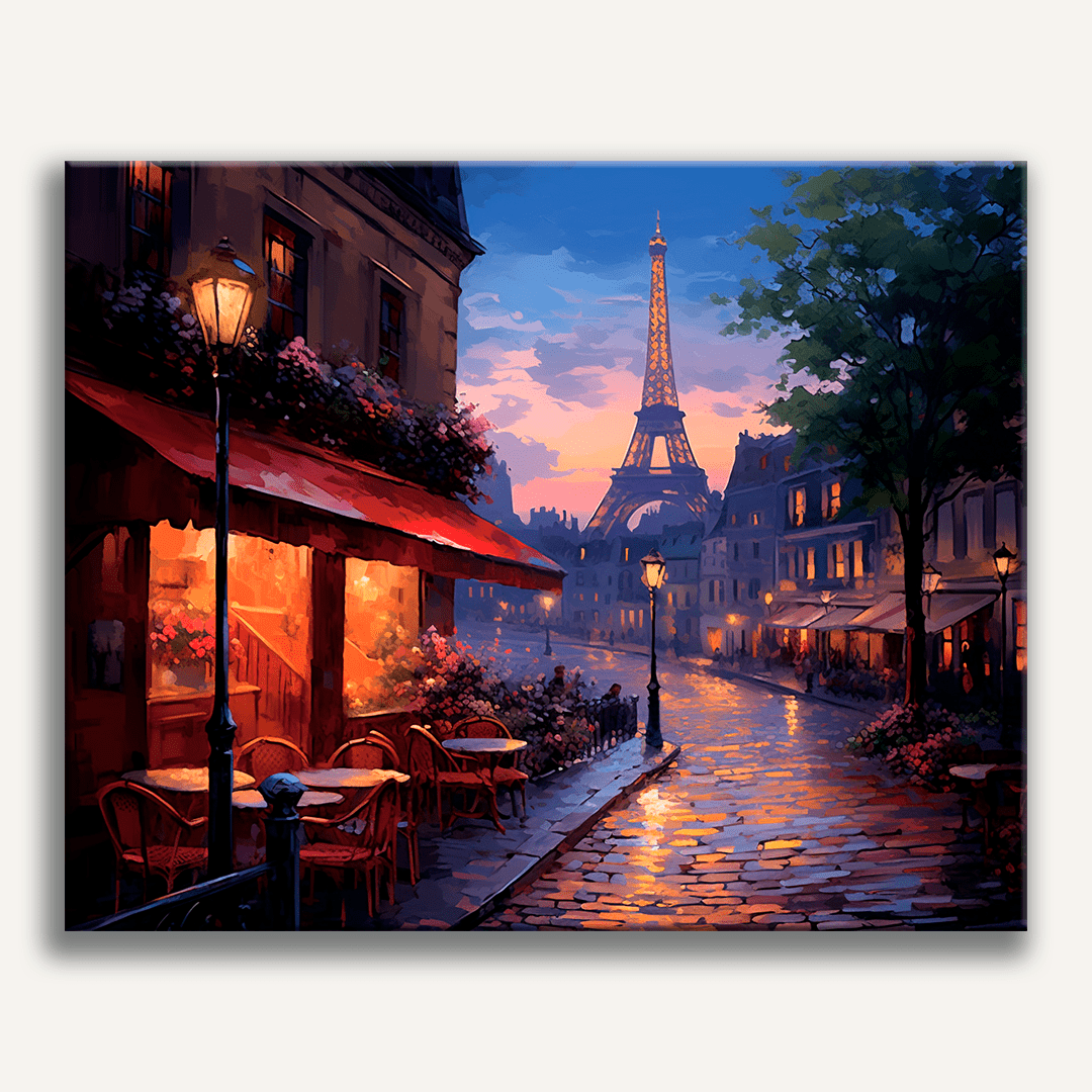 The image captures a romantic evening in Paris, France.
