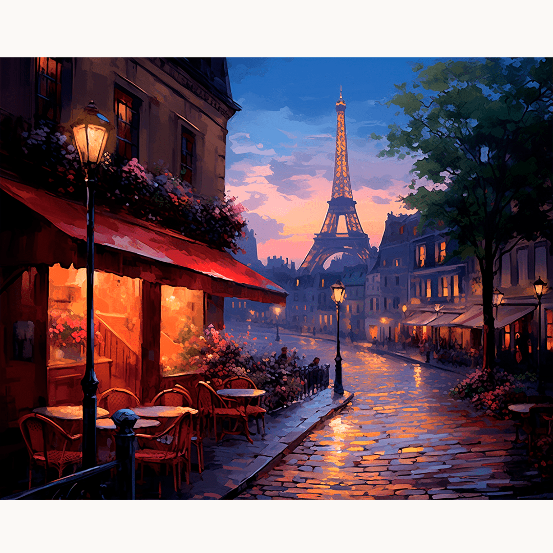 The image captures a romantic evening in Paris, France.