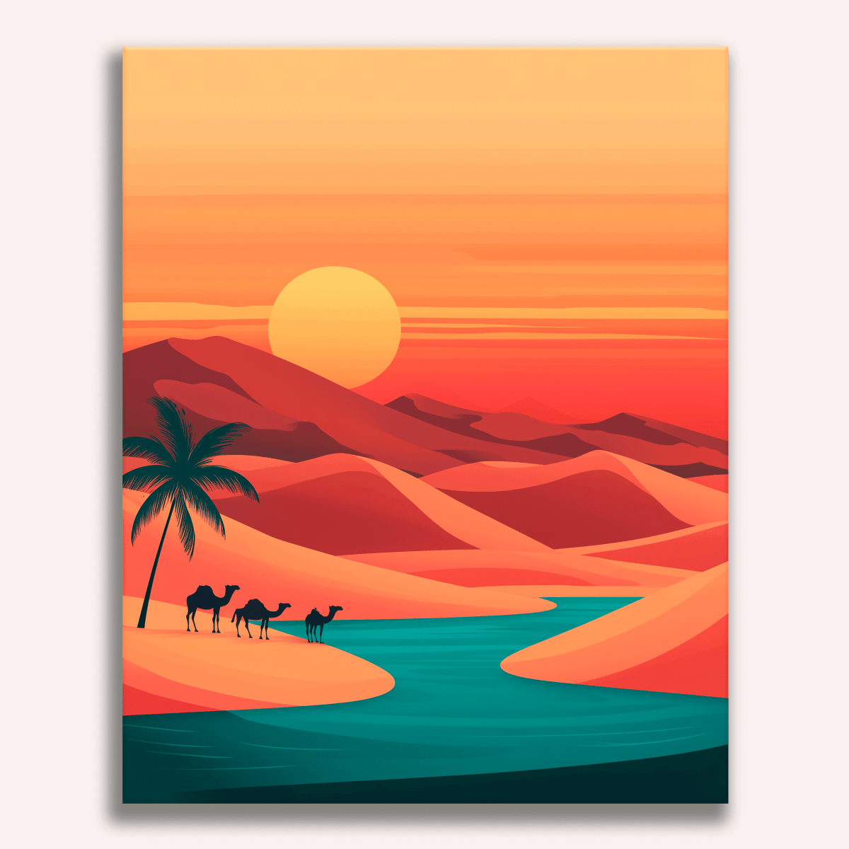 A vibrant sunset illustration over a desert landscape, featuring palm trees and camels at the water's edge under a sky adorned with hues of pink, orange, and yellow, evoking a serene and picturesque scene..