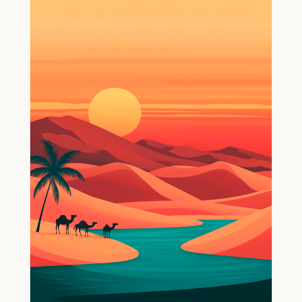 A vibrant sunset illustration over a desert landscape, featuring palm trees and camels at the water's edge under a sky adorned with hues of pink, orange, and yellow, evoking a serene and picturesque scene..