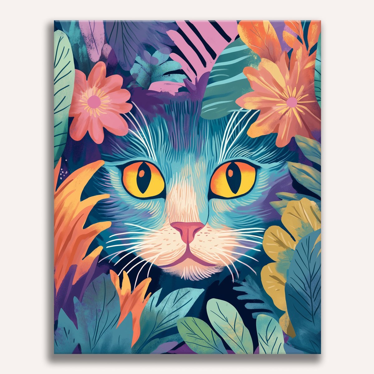 A vibrant illustration of a cat peeking out from an array of colorful flowers.