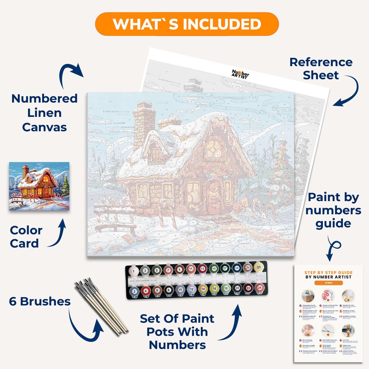 A vibrant illustration of a snowy holiday scene depicts a gingerbread house with candy canes and stockings on its porch, festooned with Christmas decorations, surrounded by evergreen trees, a snowy landscape, and adorned with a holly wreath..