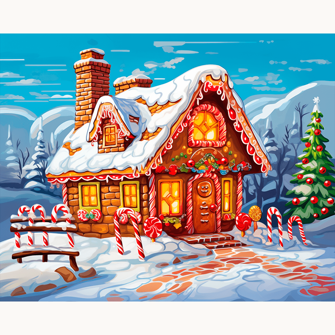 A vibrant illustration of a snowy holiday scene depicts a gingerbread house with candy canes and stockings on its porch, festooned with Christmas decorations, surrounded by evergreen trees, a snowy landscape, and adorned with a holly wreath..