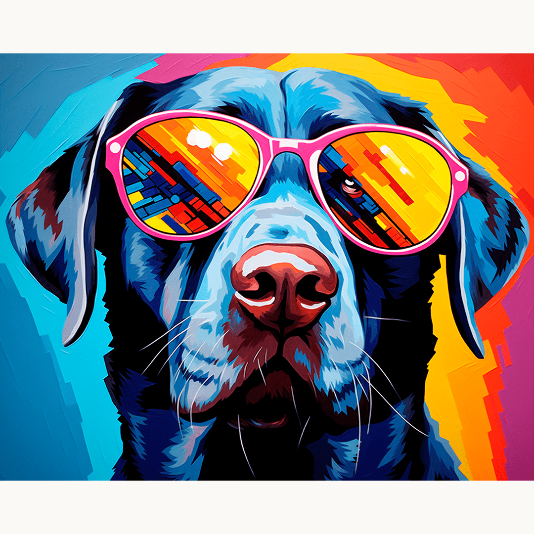 A dog wearing colorful sunglasses and standing against a vibrant backdrop featuring a spectrum of rainbow colors and abstract shapes..