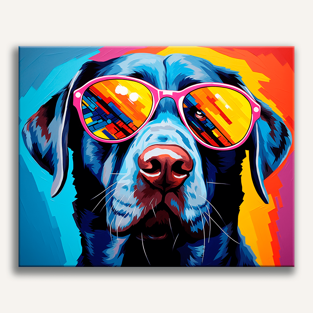A dog wearing colorful sunglasses and standing against a vibrant backdrop featuring a spectrum of rainbow colors and abstract shapes..