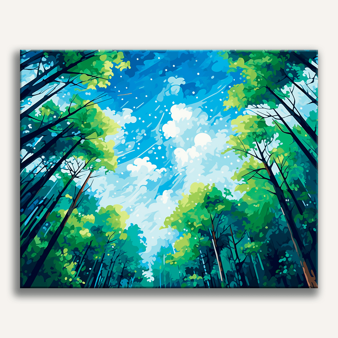 A serene landscape art print featuring a forested path under a starlit sky.