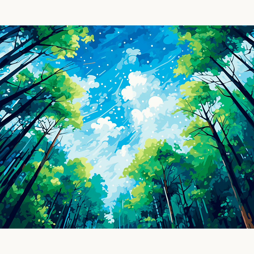 A serene landscape art print featuring a forested path under a starlit sky.