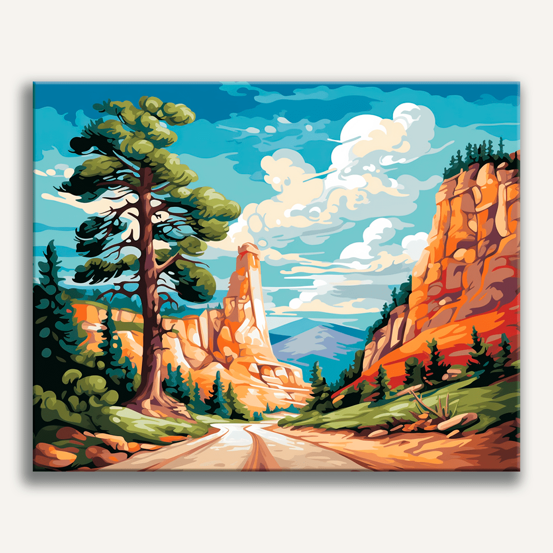 The image presents a lively scene of a mountainous road trip.