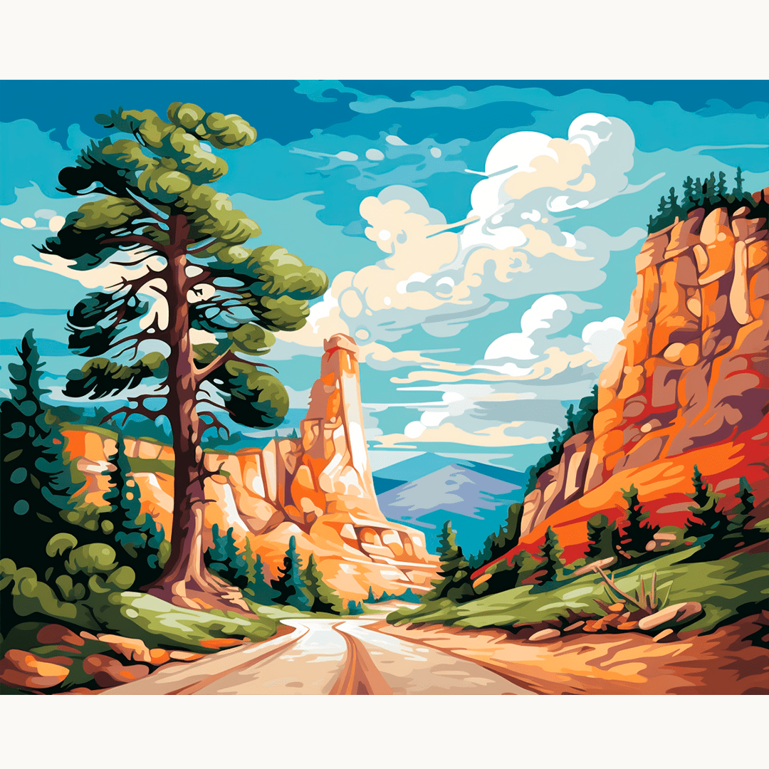 The image presents a lively scene of a mountainous road trip.