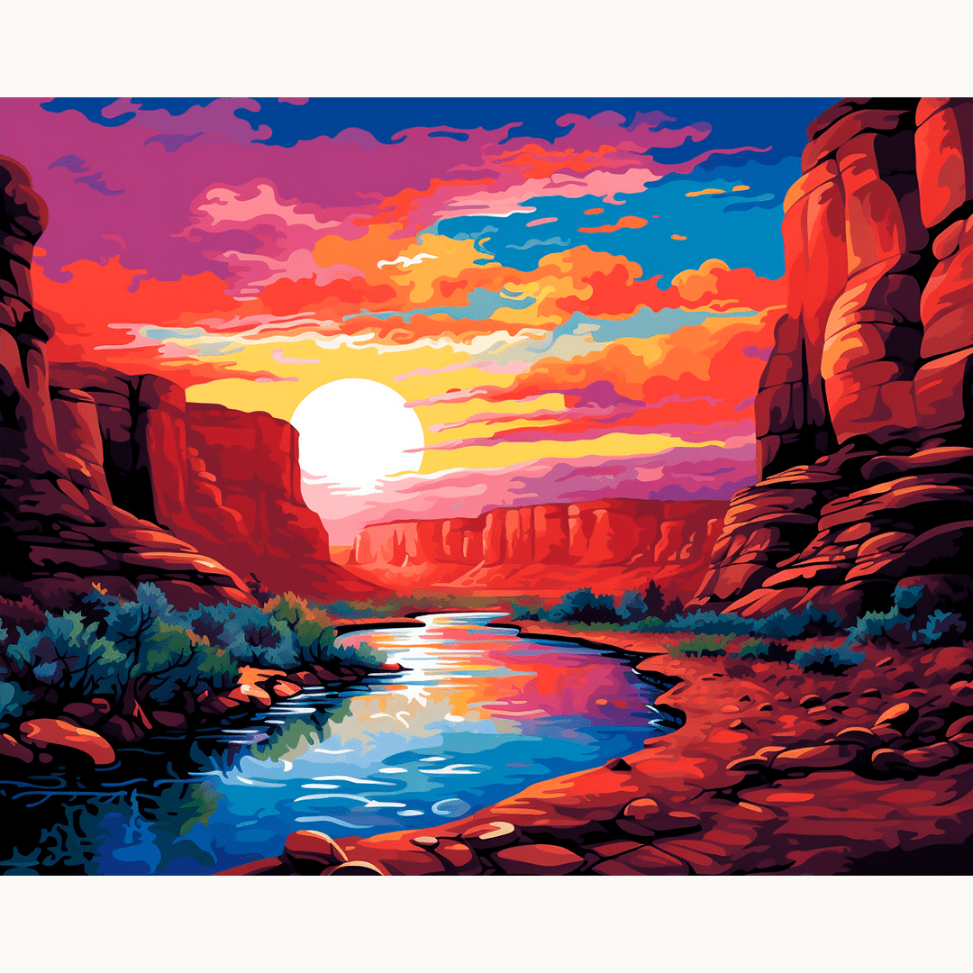 The image presents a vivid landscape dominated by a large canyon under a dramatic sky.