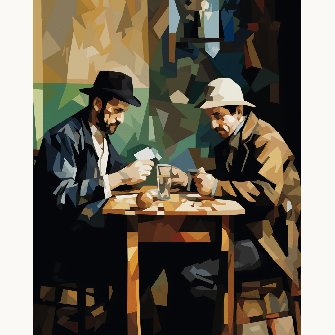 This image depicts a painting capturing a moment between two men engaged in conversation at a table.
