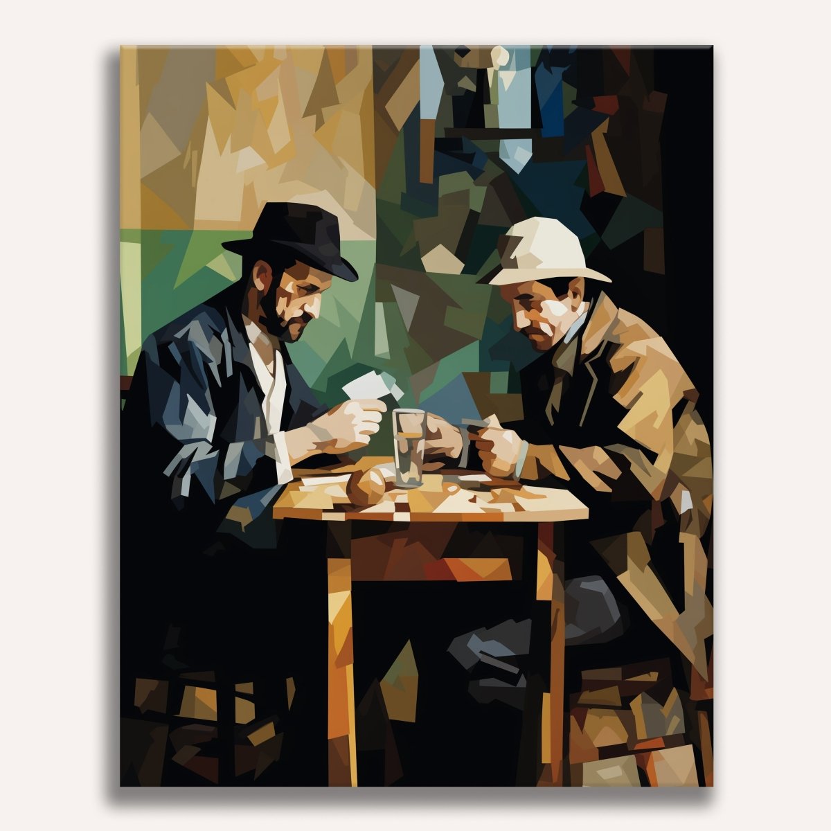 This image depicts a painting capturing a moment between two men engaged in conversation at a table.