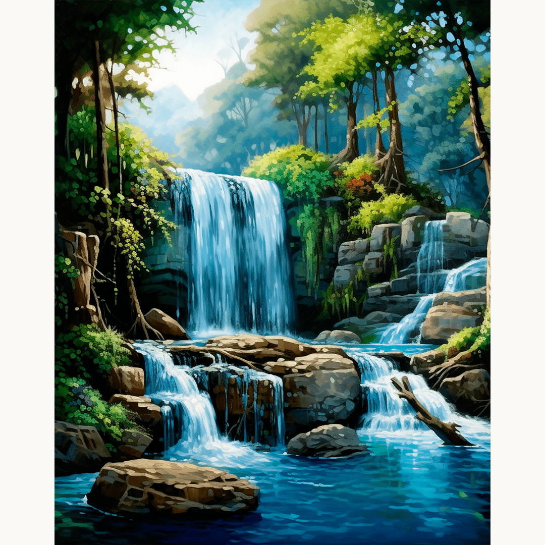 A vibrant landscape scene featuring a majestic waterfall cascading down a rocky cliff face, flanked by lush greenery and dense forests, all under a blue sky, suggesting a tranquil yet wild environment, possibly in a mountainous area..
