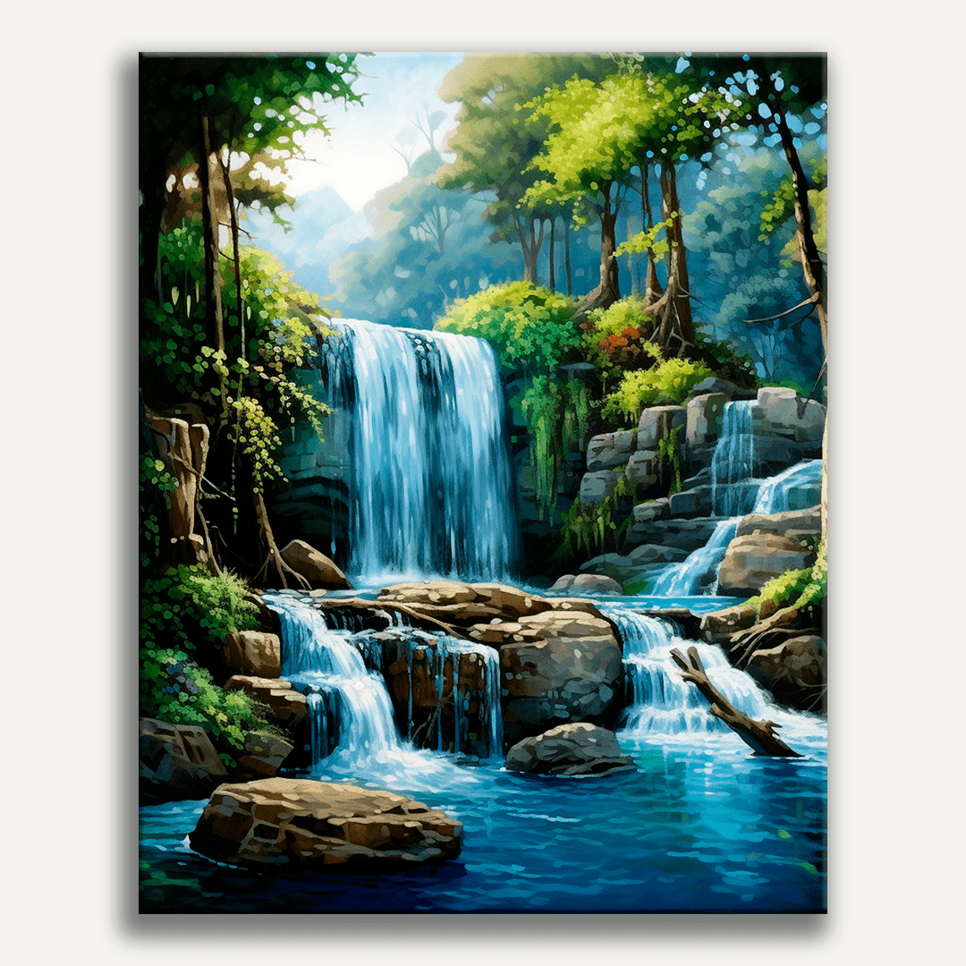 A vibrant landscape scene featuring a majestic waterfall cascading down a rocky cliff face, flanked by lush greenery and dense forests, all under a blue sky, suggesting a tranquil yet wild environment, possibly in a mountainous area..