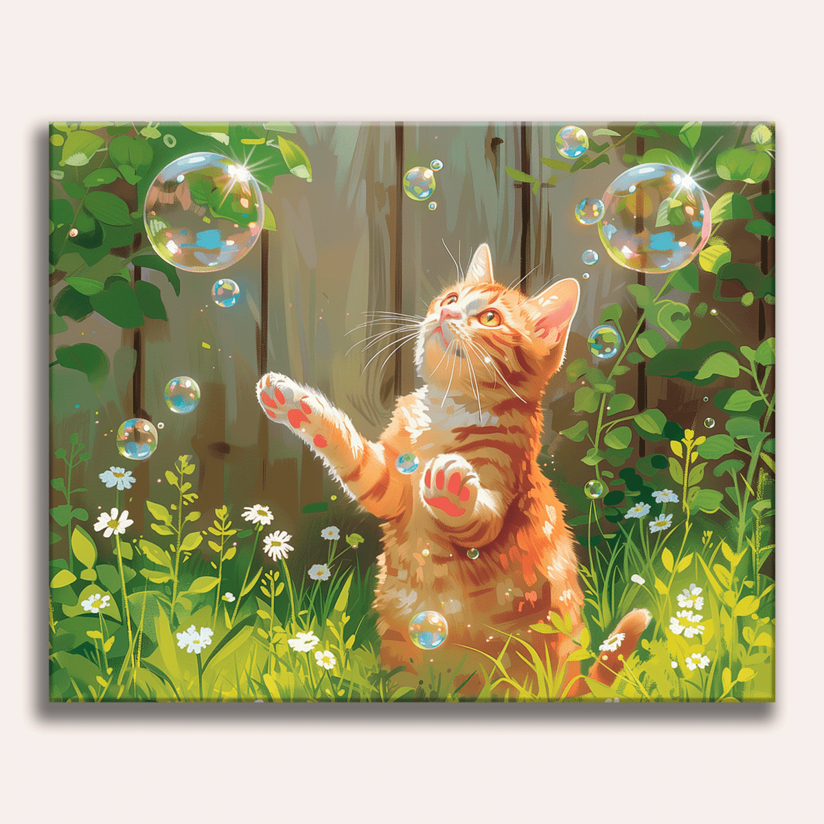 This is a colorful illustration featuring an orange tabby cat standing on a grassy area with a wooden fence.