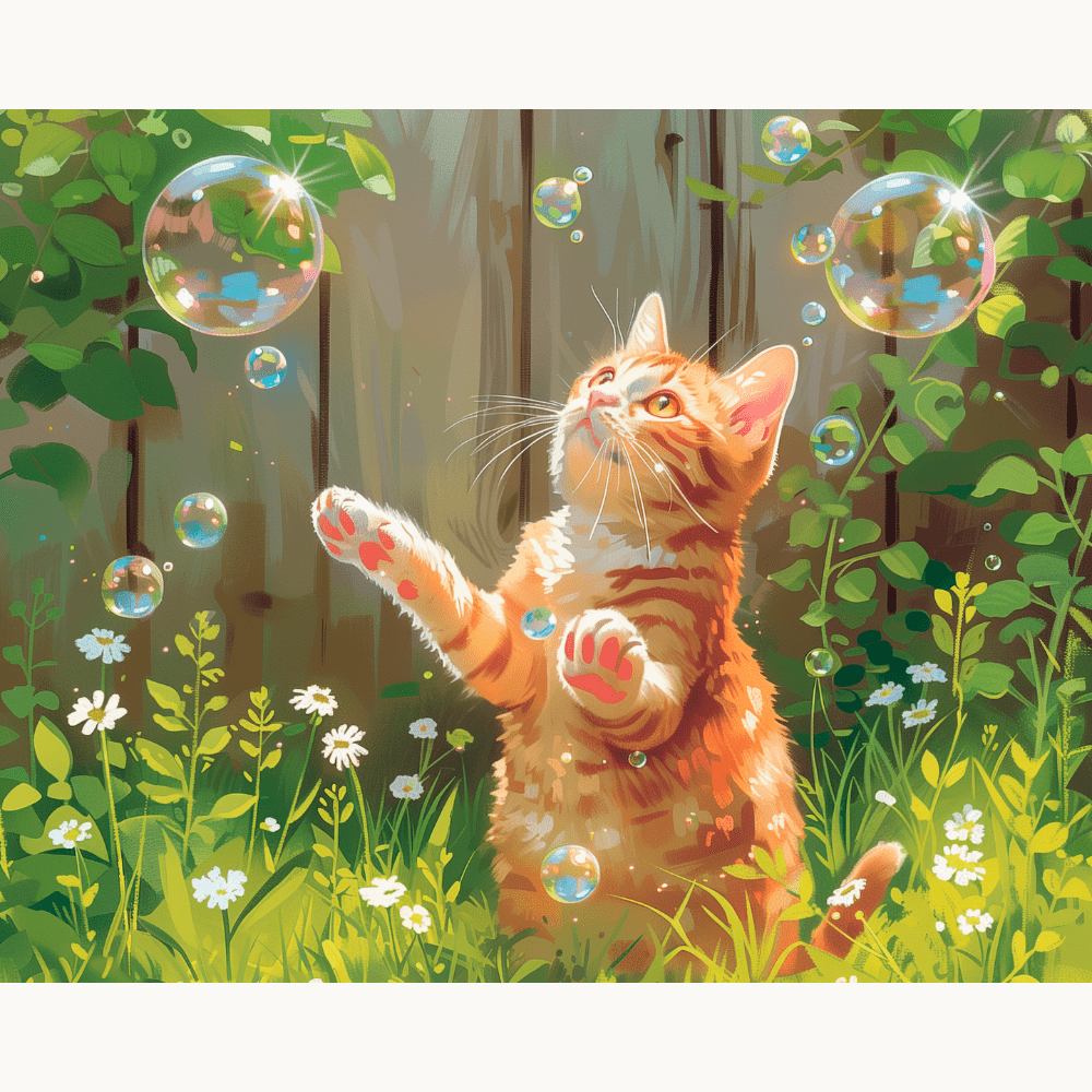 This is a colorful illustration featuring an orange tabby cat standing on a grassy area with a wooden fence.