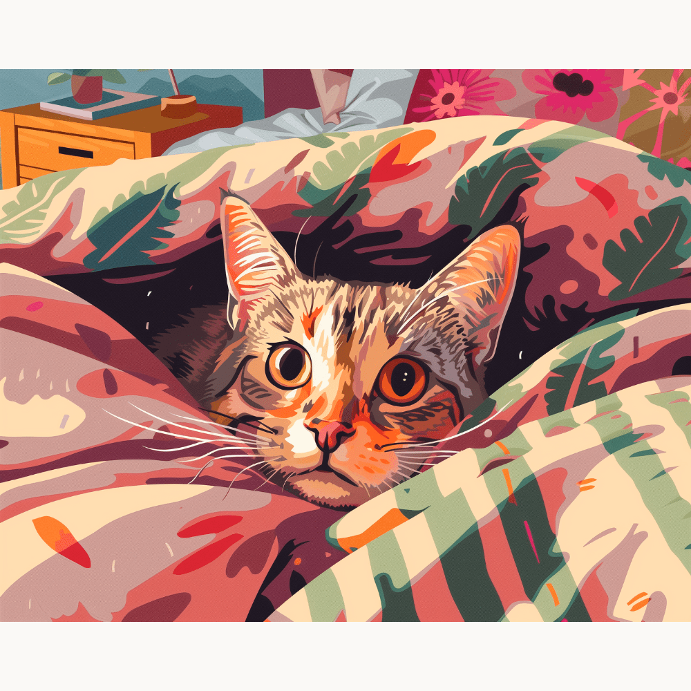A brown and white tabby cat peeks out from under a blanket on a bed with a cozy and inviting atmosphere..