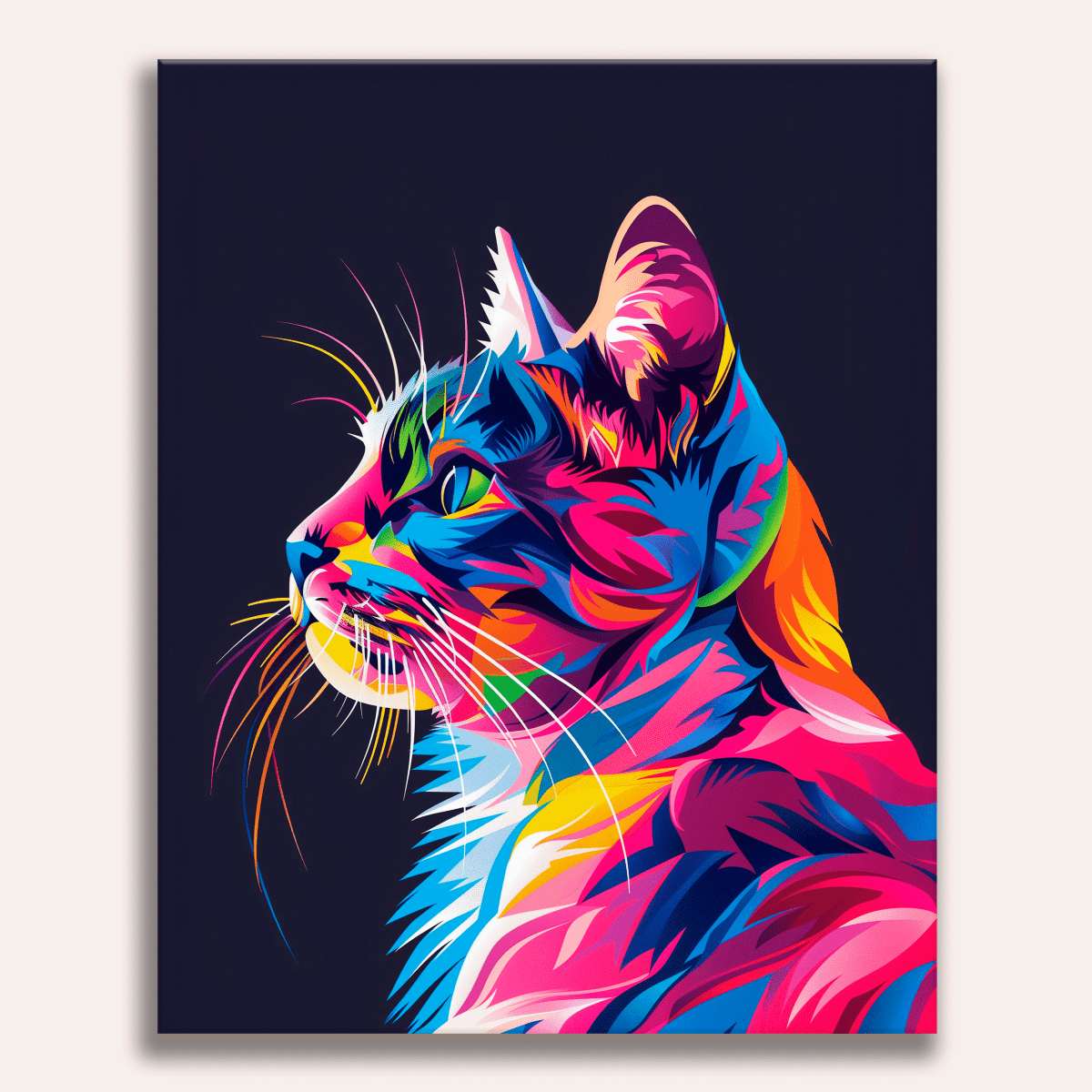 An artistic cat poster featuring a feline character with striking fur patterns and vibrant colors set against a dark background..