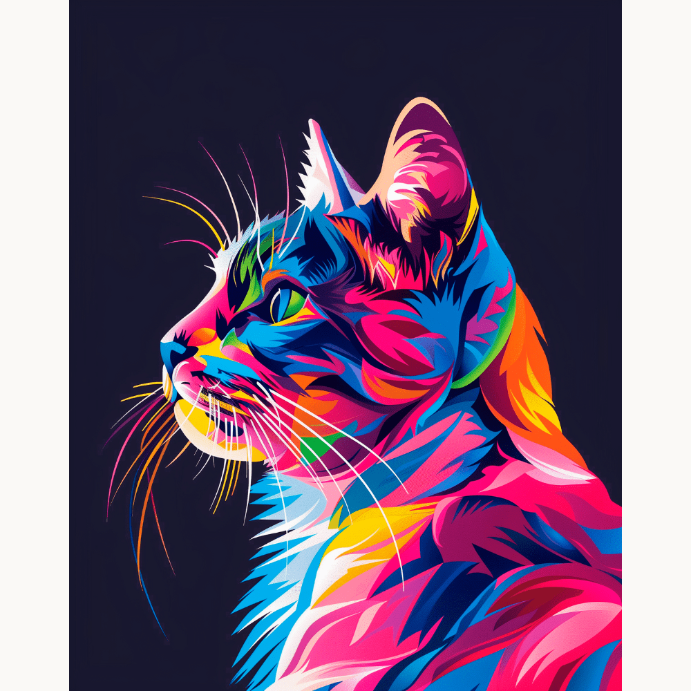 An artistic cat poster featuring a feline character with striking fur patterns and vibrant colors set against a dark background..