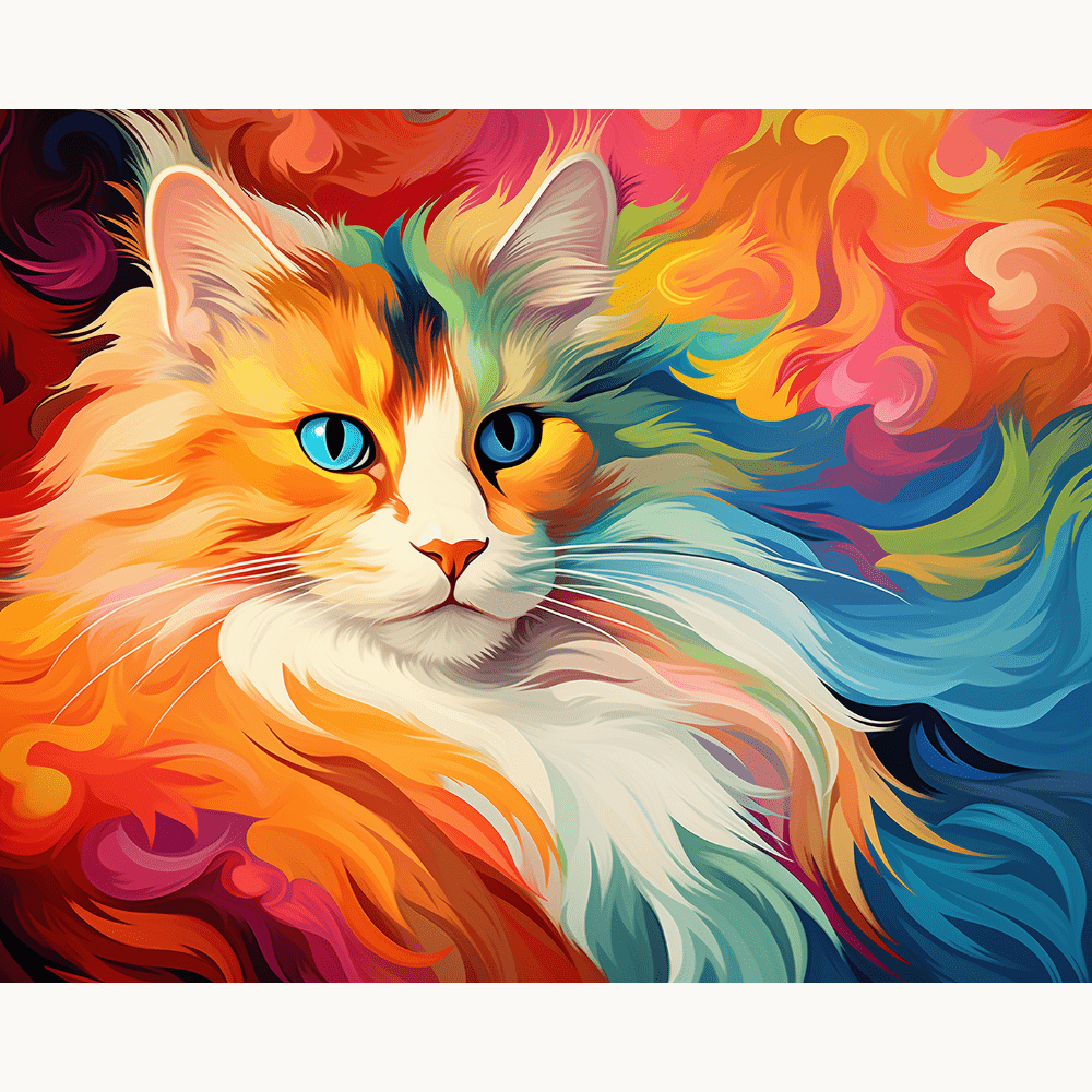 This image features a stylized portrait of a cat, characterized by its long fur and striking blue eyes.